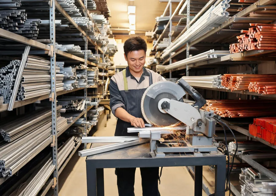 Metal Supermarkets store associate cutting aluminum bar to size