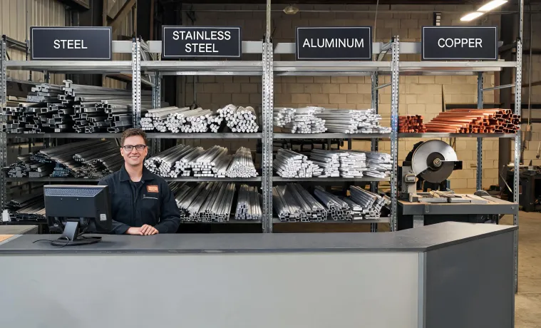 Metal cut-to-size counter with labeled steel and aluminum stock